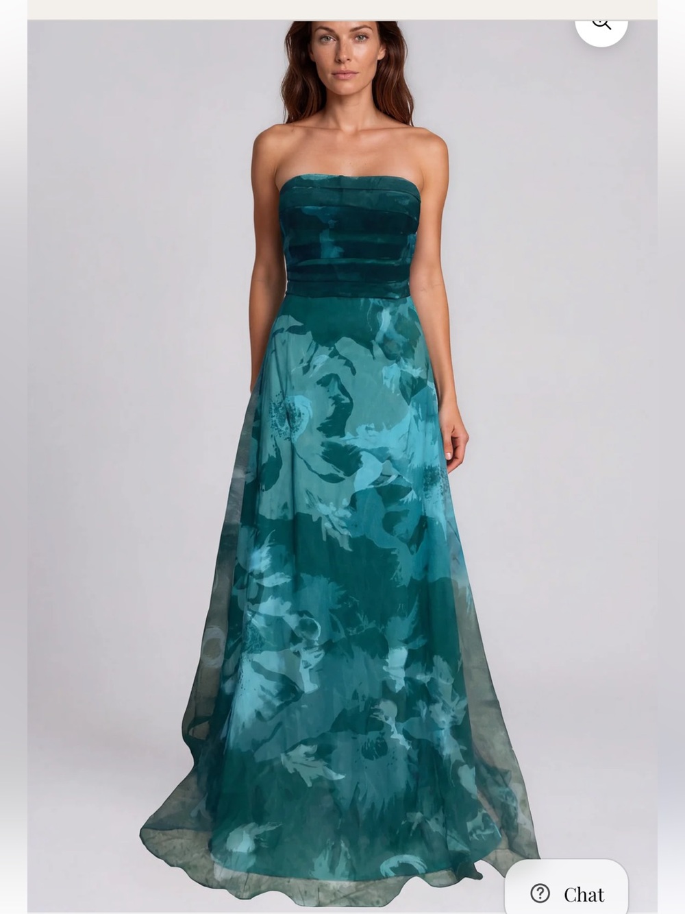 RENE RUIZ Strapless Teal Printed Organza A-Line Gown with Draped Bodice Sz12 NWT